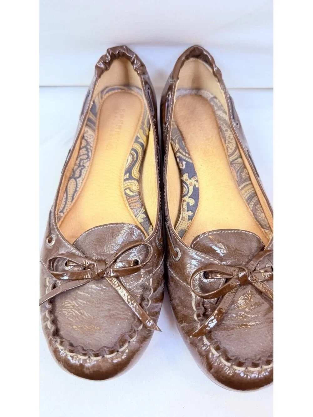 SPERRY Top Sider Brown Crinkle Patent Leather SANDPIPER Skimmer Flats Size 7.5 M